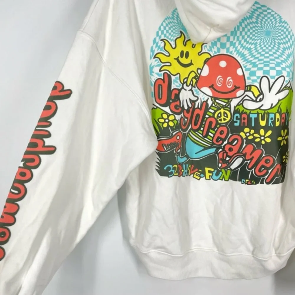 Daydreamer Size XS Oversized‎ Mushroom Doodle Hoodie Sweatshirt White Hippie
